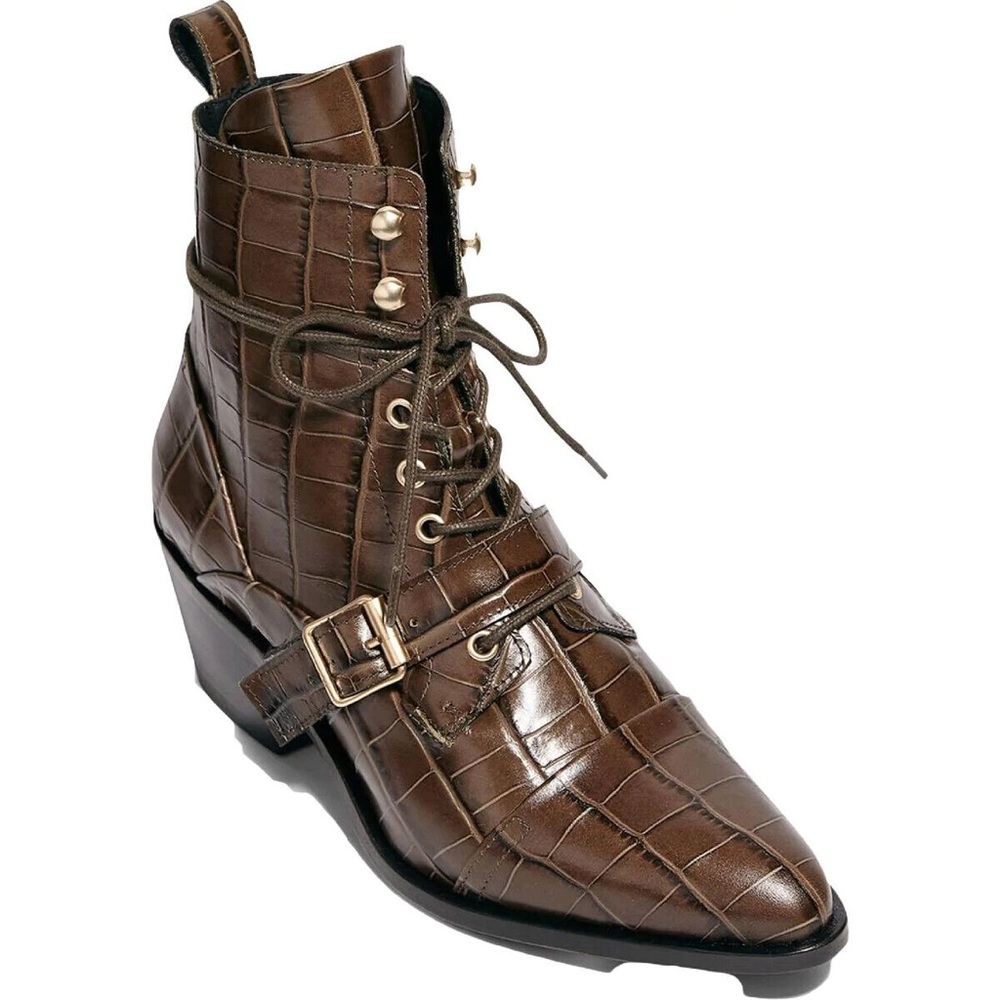 All Saints Katy Leather Croc Boots (Brown)